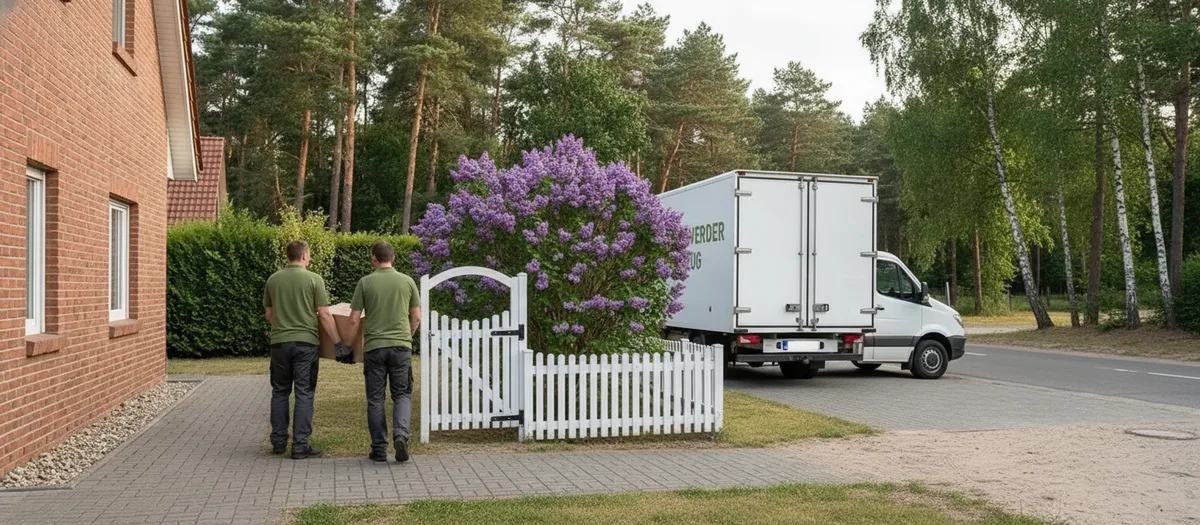 Zwei Umzugskräfte tragen Kartons aus einem alten Backsteinhaus zu einem Rollwagen am Gartentor