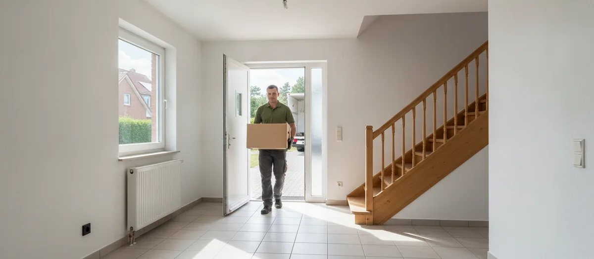 Umzugskraft trägt einen Karton durch den Flur eines Einfamilienhauses zur offenen Haustür
