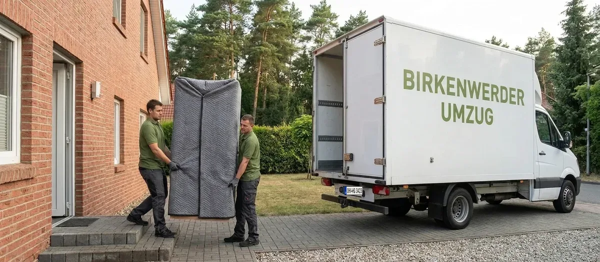 Umzugskräfte tragen einen abgedeckten Schrankteil aus der Haustür eines Einfamilienhauses zum Wagen