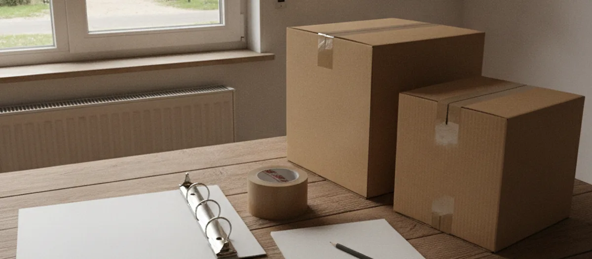 Notizblock, Stift, aufgeklappter Ordner und Packband auf einem Küchentisch neben zwei gepackten Umzugskartons