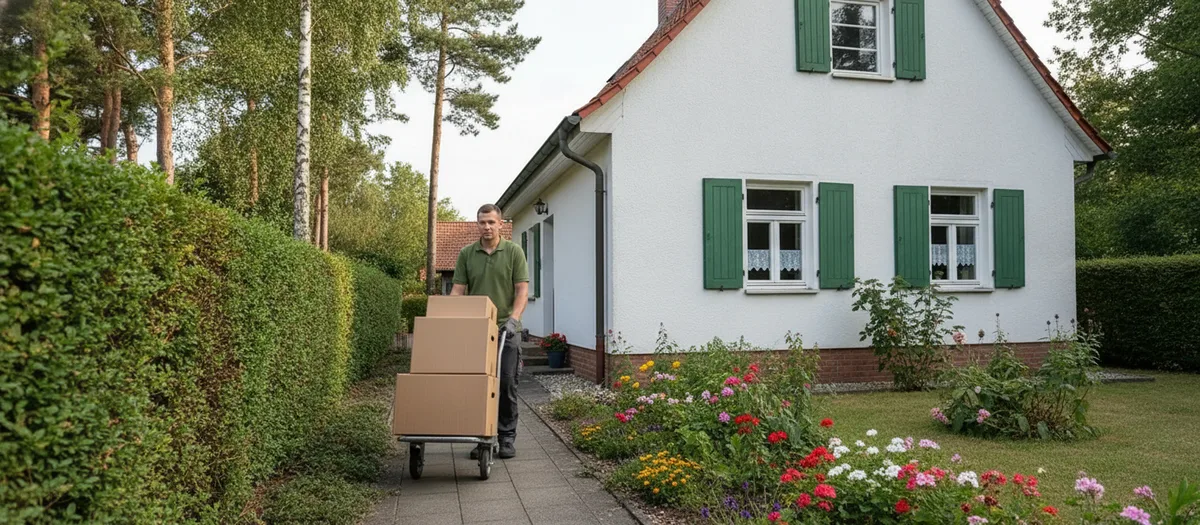 Umzugskraft rollt eine Sackkarre mit Kartons durch den Vorgarten eines schlichten Siedlungshauses