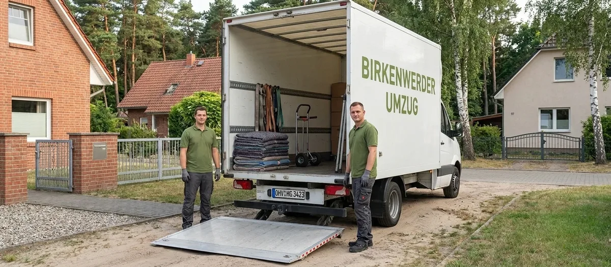 Zwei Umzugskräfte in Arbeitskleidung neben dem geöffneten Heck des weißen Umzugswagens