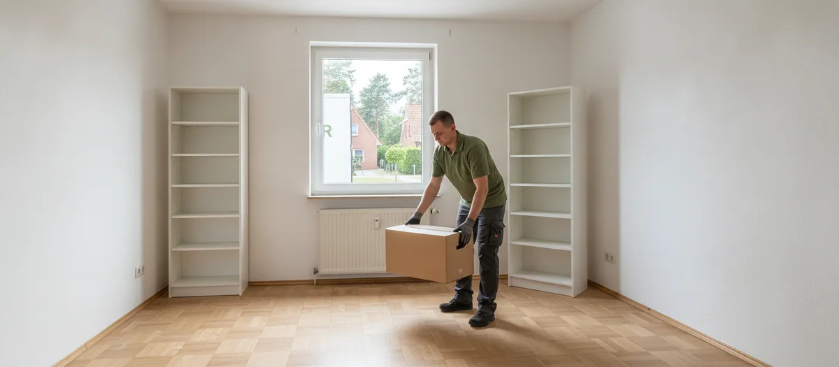 Umzugskraft stellt Kartons in einer noch leeren Wohnung ab, ein Regal steht schon an der Wand